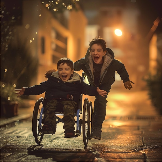 Una foto realistica di un ragazzo che spinge la sedia a rotelle dei suoi amici entrambi gridano felici in stile cinematografico