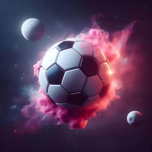 una foto realistica palla da calcio come un pianeta nello spazio con fumo rosa e esplosioni