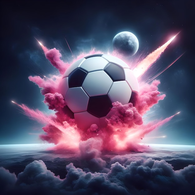 una foto realistica palla da calcio come un pianeta nello spazio con fumo rosa e esplosioni