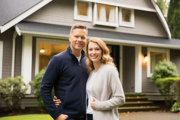 Una foto realistica scattata nel 2023 di una coppia felice in piedi davanti alla casa appena acquistata