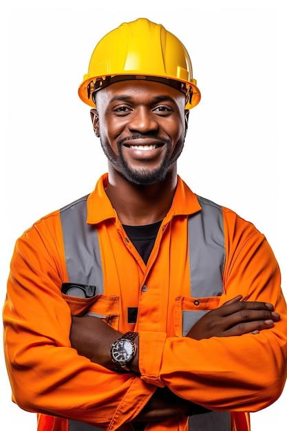 Una foto ritratto di un realistico costruttore sorridente