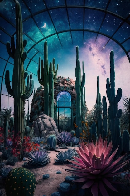 Una foto scattata dall'interno della serra con vista sulla pianta di cactus ai