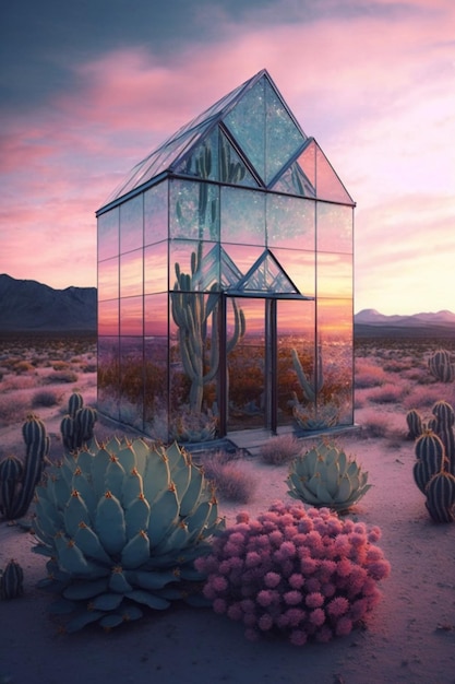 Una foto scattata dalla casa di vetro con piante di cactus generative ai