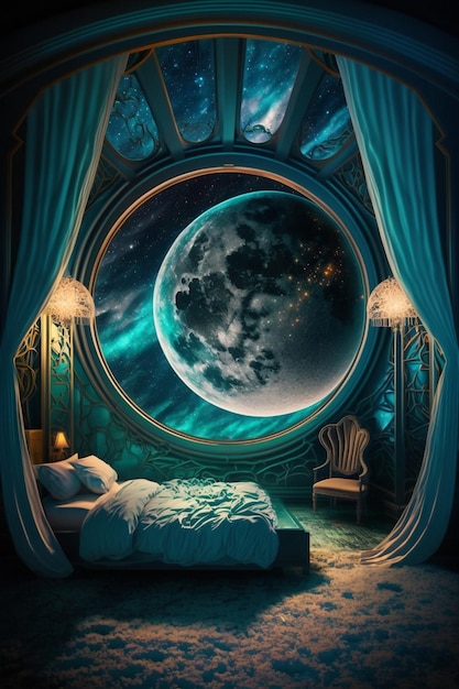 Una foto scattata dalla finestra della camera da letto con vista sulla luna nel cielo generativo ai