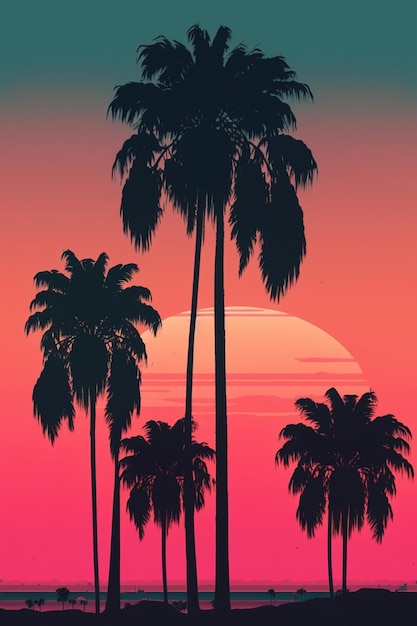 Una foto scattata dalla spiaggia al tramonto con palme generative ai