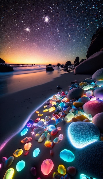 Una foto scattata dalla spiaggia di con pietre colorate e ciottoli generativa ai
