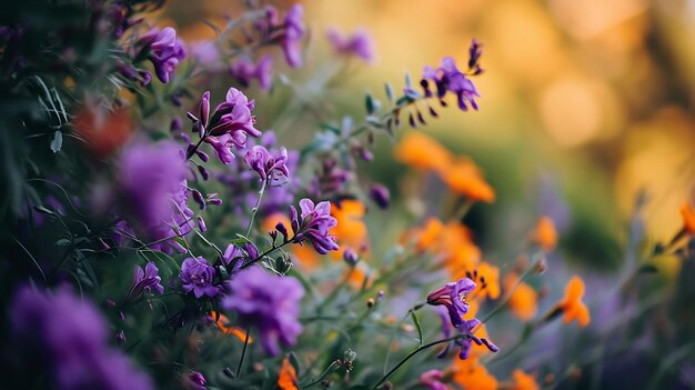 una foto sfocata di fiori viola e arancione