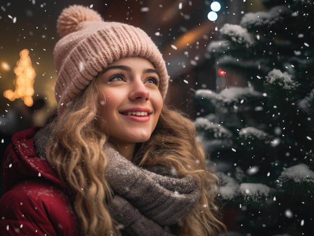 Una foto sincera di una giovane donna felice nella neve che guarda una vista frontale e laterale dell'albero di Natale