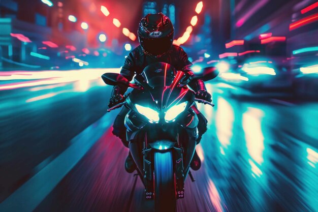 Una foto sorprendente di un motociclista che guida una moto sportiva con luci al neon