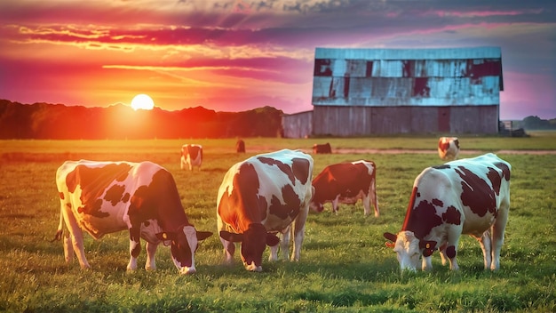 Una foto straordinaria di un campo con le mucche al tramonto