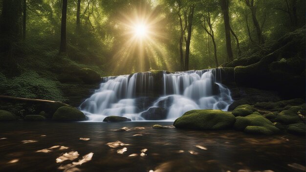 Una foto straordinaria di una piccola cascata circondata da una natura bellissima