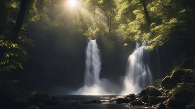 Una foto straordinaria di una piccola cascata circondata da una natura bellissima