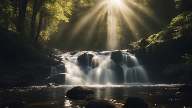 Una foto straordinaria di una piccola cascata circondata da una natura bellissima