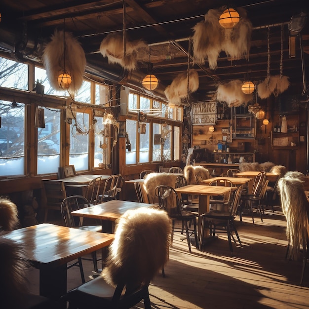 Una foto unica di un ristorante fuzzy con sedie e tavoli di legno