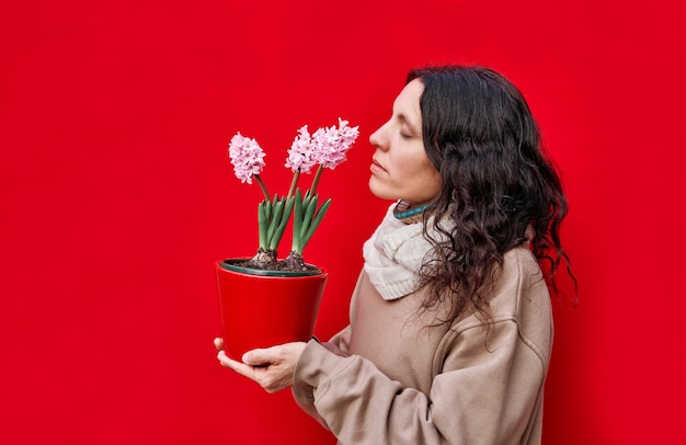 Una foto verticale di una bella donna odora un vaso con piante di giacinto sulla parete rossa