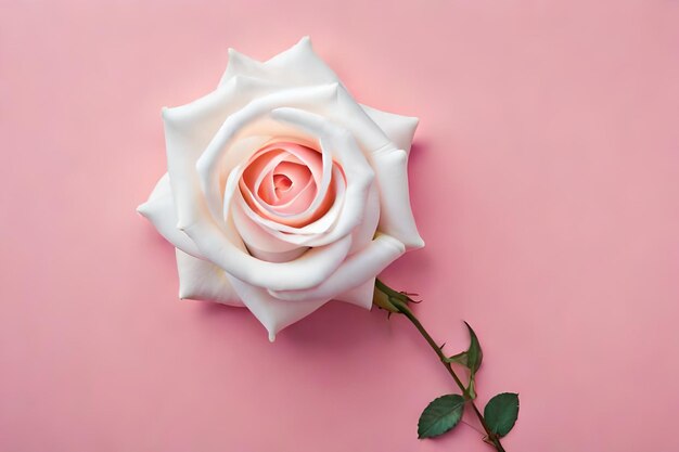 una foto verticale di una bella rosa bianca incollata su una parete rosa