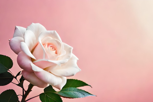 una foto verticale di una bella rosa bianca incollata su una parete rosa