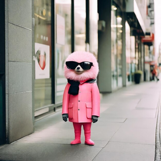 una foto verticale di una ragazza carina con gli occhiali da sole con un orso rosa nella foto verticale della città