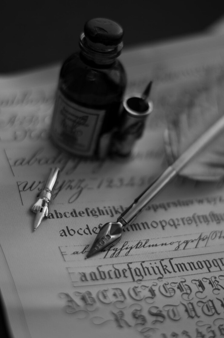 Foto una foto verticale in scala di grigio di un set di penne e una bottiglia di inchiostro su un pezzo di carta con la calligrafia su di esso
