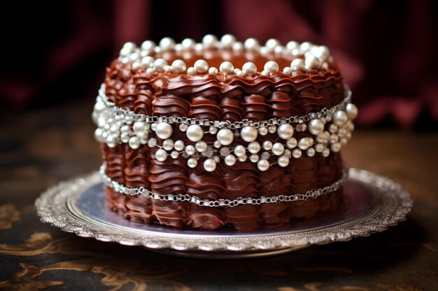 Una foto vintagestile di una torta di cioccolato su un fazzoletto di pizzo