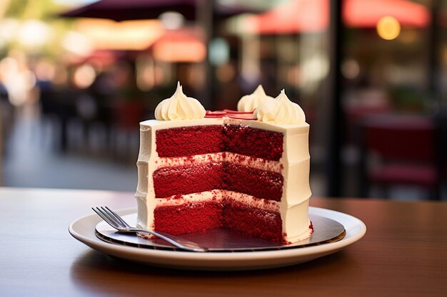 Una foto vintagestile di una torta di velluto rosso esposta su uno stand di torte retro