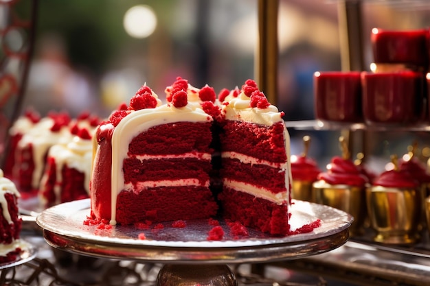Una foto vintagestile di una torta di velluto rosso esposta su uno stand di torte retro