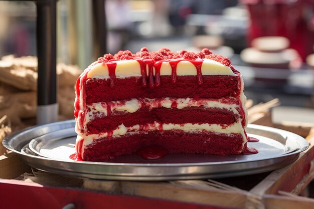 Una foto vintagestile di una torta di velluto rosso esposta su uno stand di torte retro