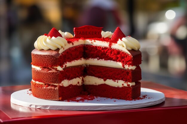 Una foto vintagestile di una torta di velluto rosso esposta su uno stand di torte retro