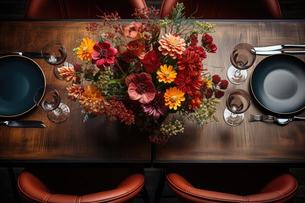 una foto vista dall'alto di un tavolo apparecchiato nella sala da pranzo fotografia pubblicitaria professionale