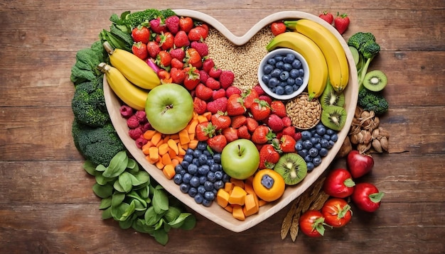 Una foto vivace che mostra una ciotola a forma di cuore piena di alimenti dietetici nutrienti tra cui freschi