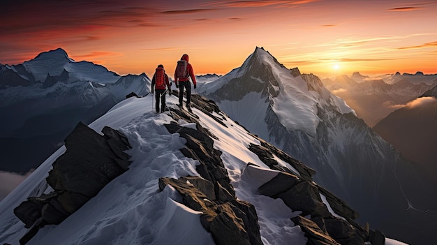 Una foto vivace di alpinisti che conquistano una cima accidentata con attrezzature colorate al tramonto