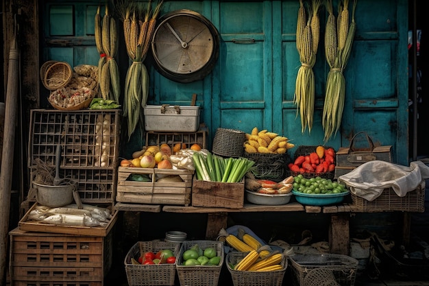 Una foto vivace di uno stand del mercato di un agricoltore specializzato in mais e prodotti a base di mais