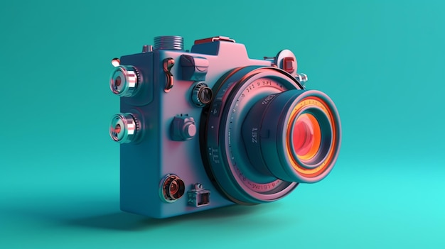 Una fotocamera 3d con una lente rossa e uno sfondo blu