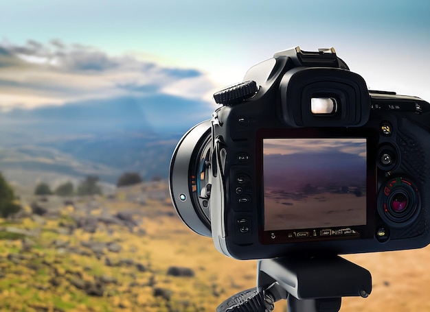 Una fotocamera digitale con un paesaggio sullo sfondo