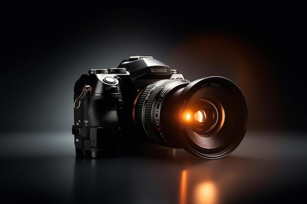 una fotocamera nera con una lente arancione brillante.