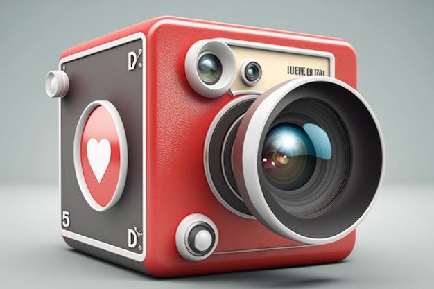 Una fotocamera rossa con un cuore davanti e un cuore davanti.