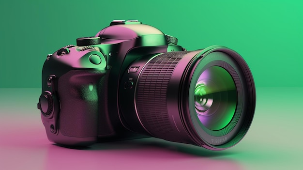 Una fotocamera viola con un obiettivo sul davanti.