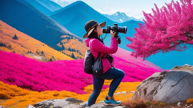 Una fotografa che scatta una foto della natura nella giornata mondiale della fotografia