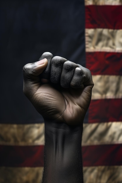 Una fotografia che cattura un pugno nero alzato sullo sfondo della bandiera degli Stati Uniti