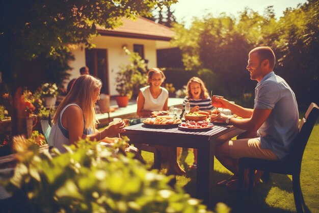 Una fotografia che cattura una famiglia e amici che si godono un picnic all'aperto Generative Ai