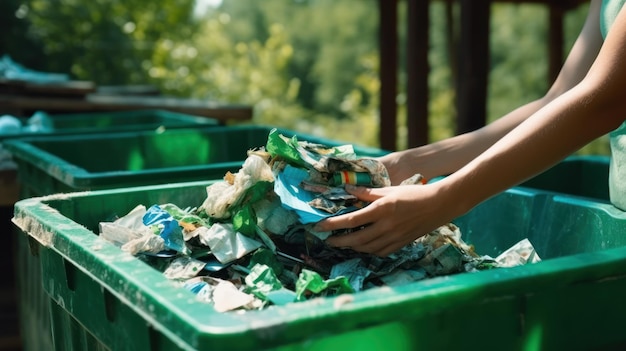 Una fotografia che enfatizza il riciclaggio Una persona che mette la spazzatura nel bidone del riciclaggo
