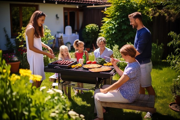 Una fotografia che ritrae una famiglia e gli amici che si godono un picnic all'aperto Generative Ai