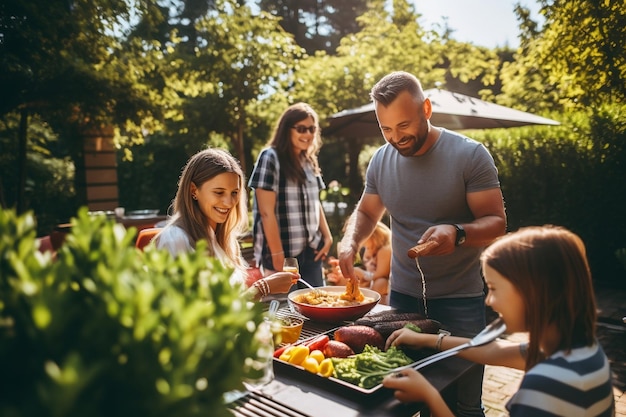 Una fotografia che ritrae una famiglia e gli amici che si godono un picnic all'aperto Generative Ai