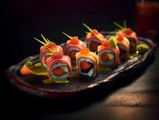 Una fotografia colorata di un ottimo piatto di sushi con squisiti dettagli IA generativa