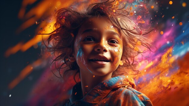 Una fotografia colorata di un ragazzo al festival di Holi Generative Ai