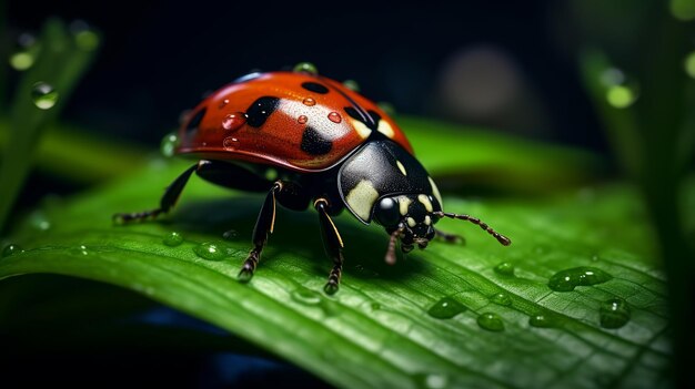 Una fotografia con obiettivo macro di una coccinella seduta su un generavi verde ai