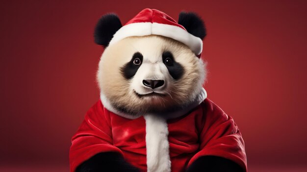 una fotografia del panda che indossa il costume e il cappello di Babbo Natale per la celebrazione del Natale