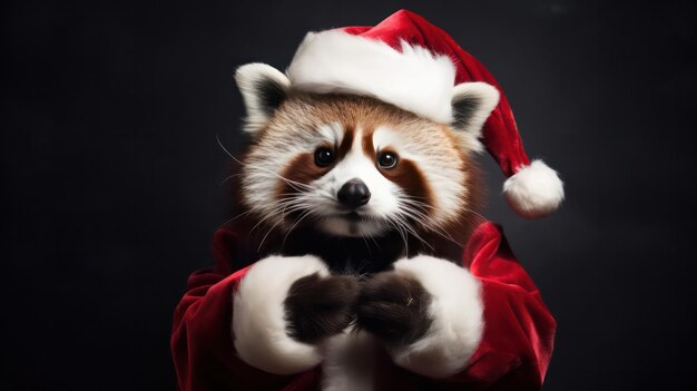 una fotografia del panda rosso che indossa il costume e il cappello di Babbo Natale per la celebrazione del Natale