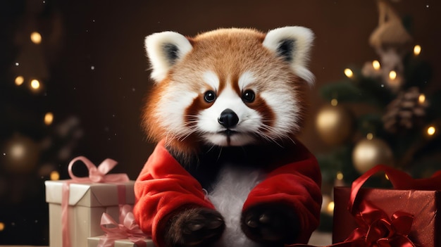 una fotografia del panda rosso che indossa il costume e il cappello di Babbo Natale per la celebrazione del Natale