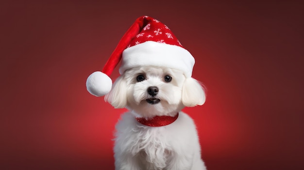 una fotografia del simpatico cane barboncino bianco che indossa il costume e il cappello di Babbo Natale nella celebrazione del Natale